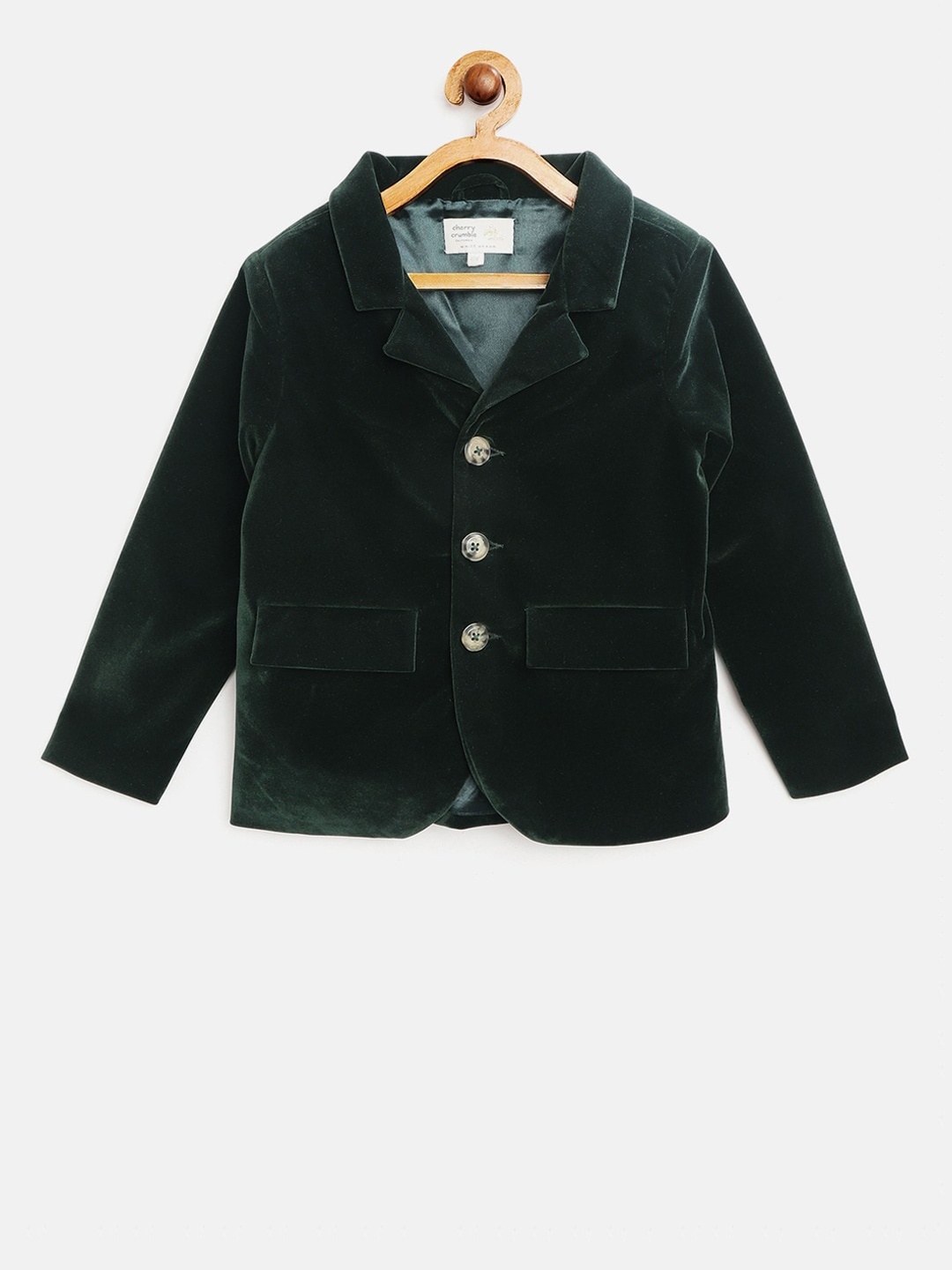 

Cherry Crumble Kids Green Solid Velvet Party Overcoat