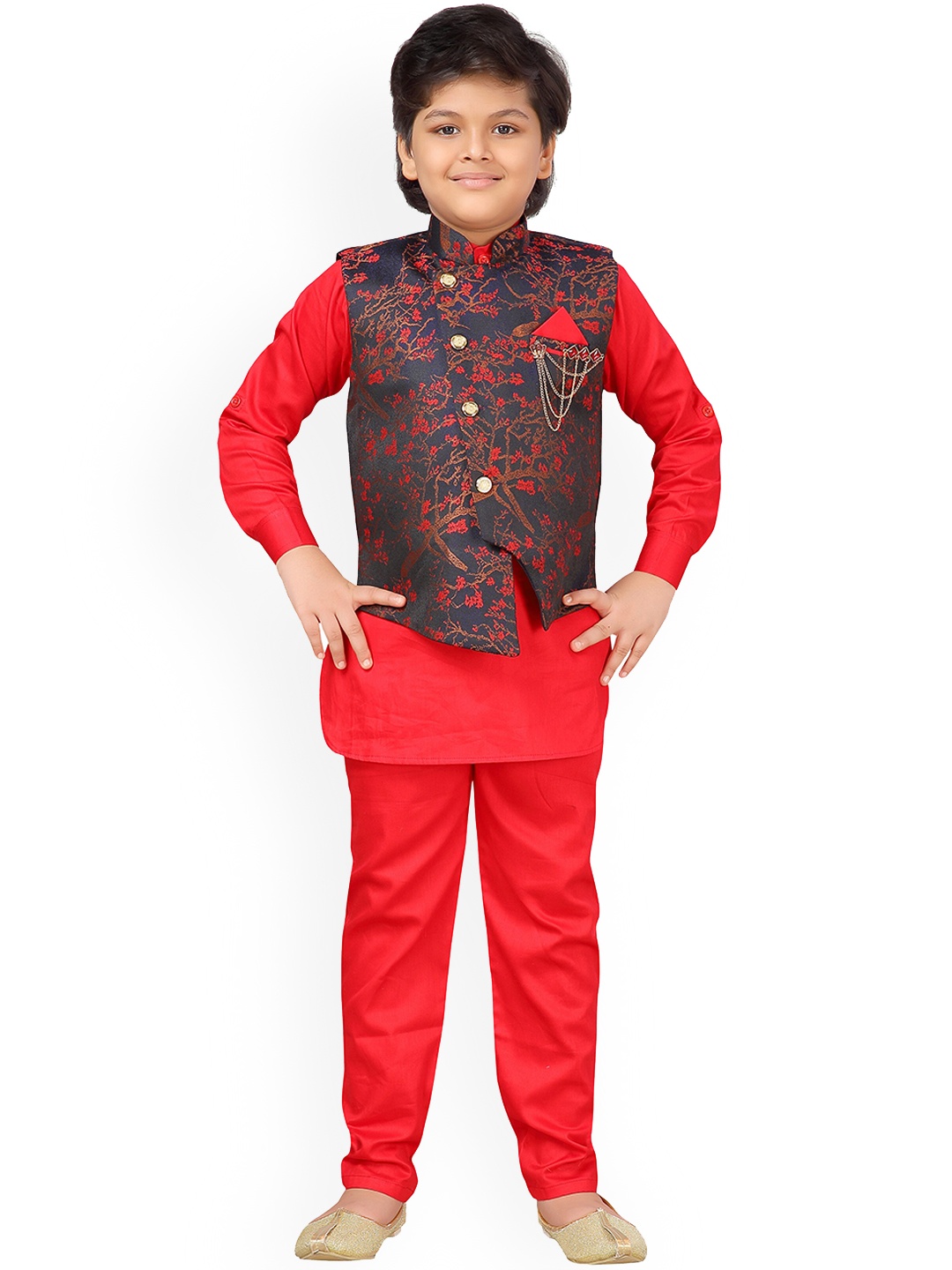 

Aj DEZInES Boys Red & Blue Solid Kurta with Pyjamas & Waistcoat