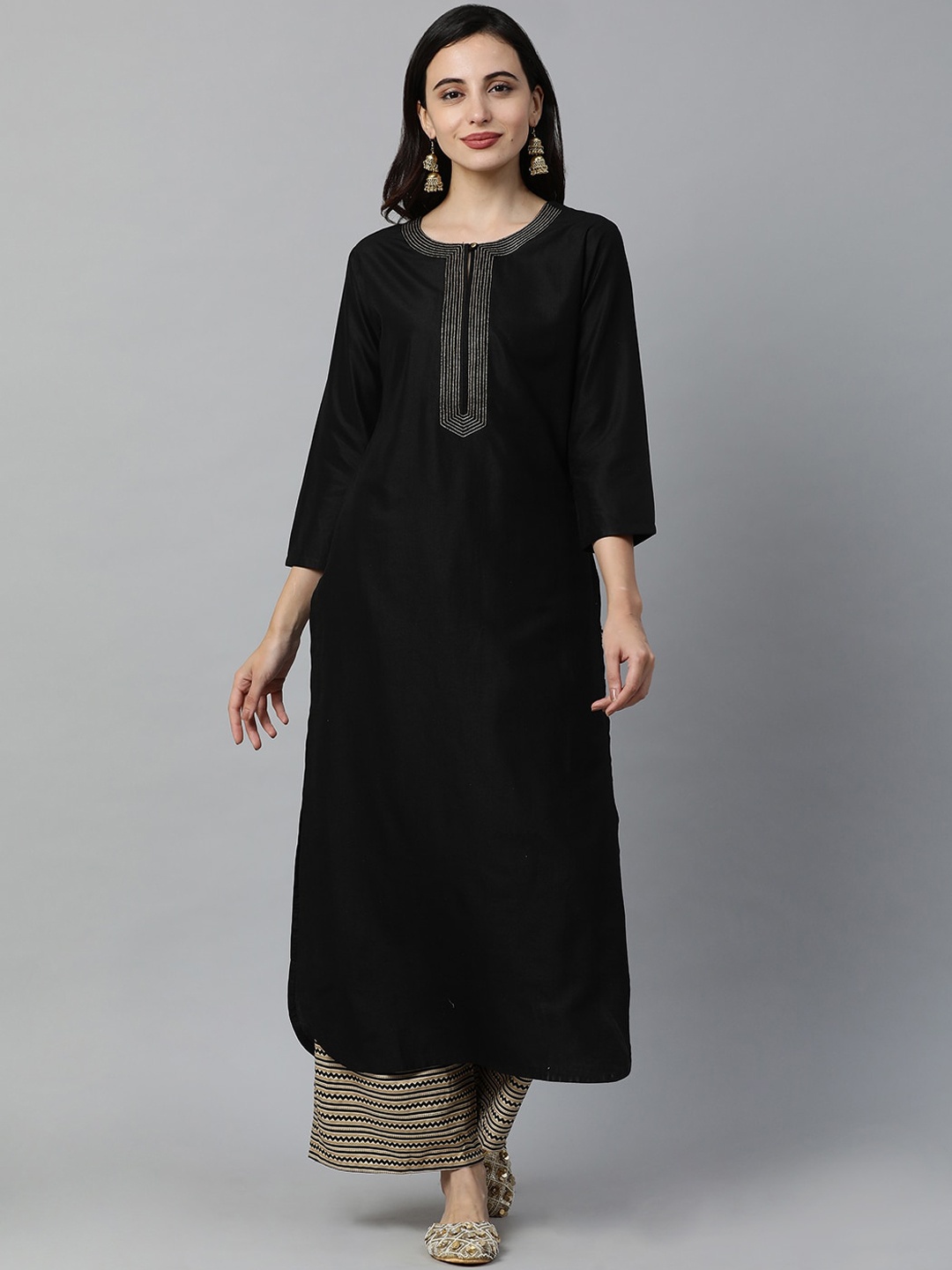 

Indo Era Women Black Embroidered Straight Kurta