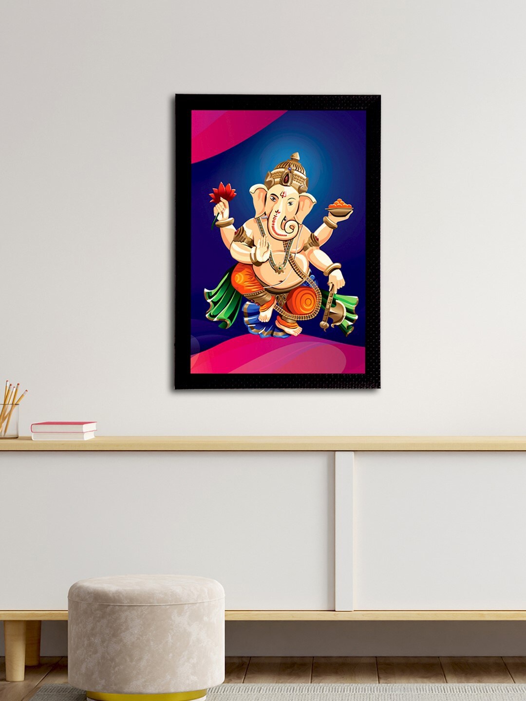 eCraftIndia Blue & Pink Lord Ganesha Satin Matt Texture Framed UV Wall Art Painting