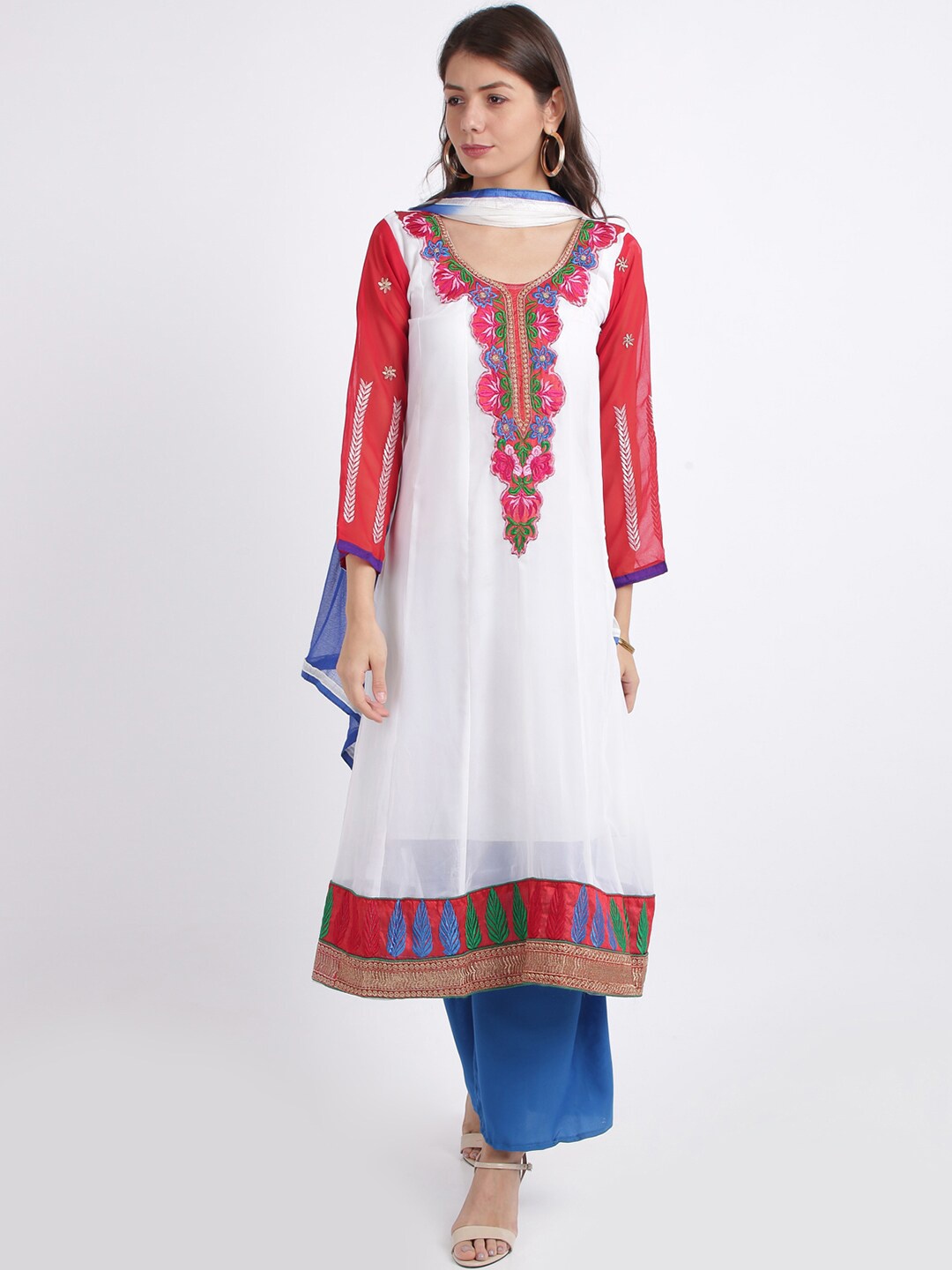 

Silk Bazar White & Pink Poly Georgette Semi-Stitched Dress Material