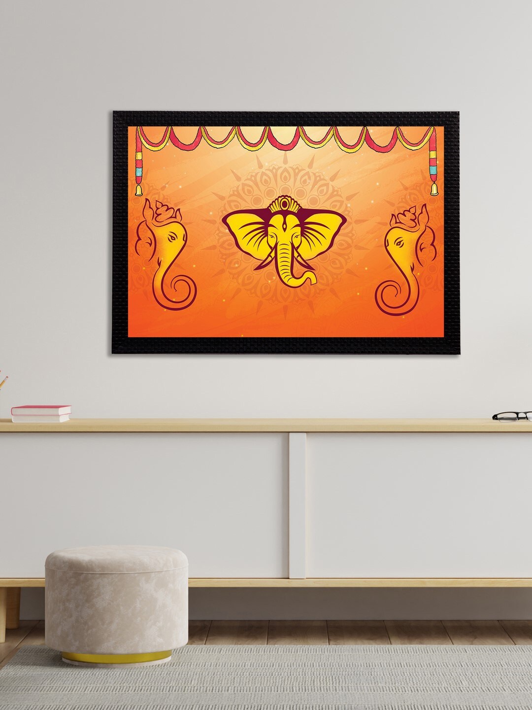 eCraftIndia Yellow & Orange Lord Ganesha Satin Matt Texture Framed UV Wall Art Painting
