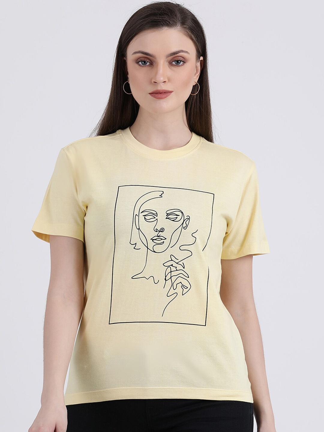 

Zink London Women Yellow Black Printed Round Neck Pure Cotton T-shirt