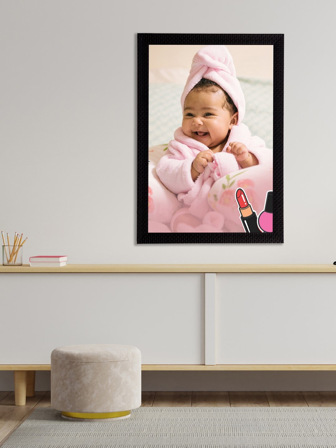 

eCraftIndia Pink & Off-White Cute Baby Satin Matt Textured UV Wall Art