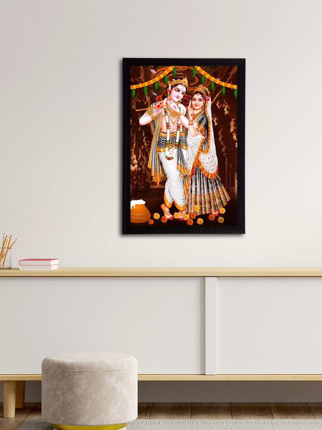 eCraftIndia Brown & Orange Lord Krishna Satin Matt Texture Framed UV Wall Art Painting