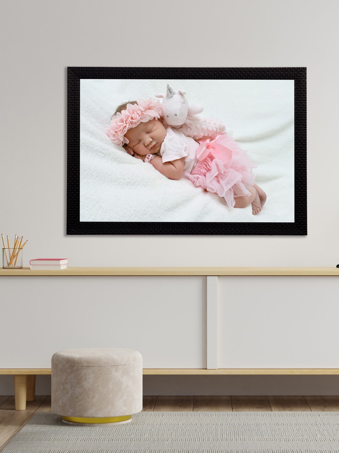 eCraftIndia Pink & Off-White Cute Baby Satin Matt Textured UV Wall Art