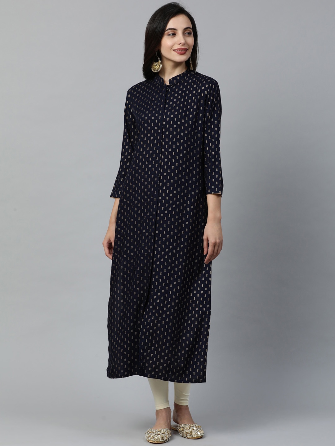 

Indo Era Women Navy Blue & Gold Printed Straight Kurta
