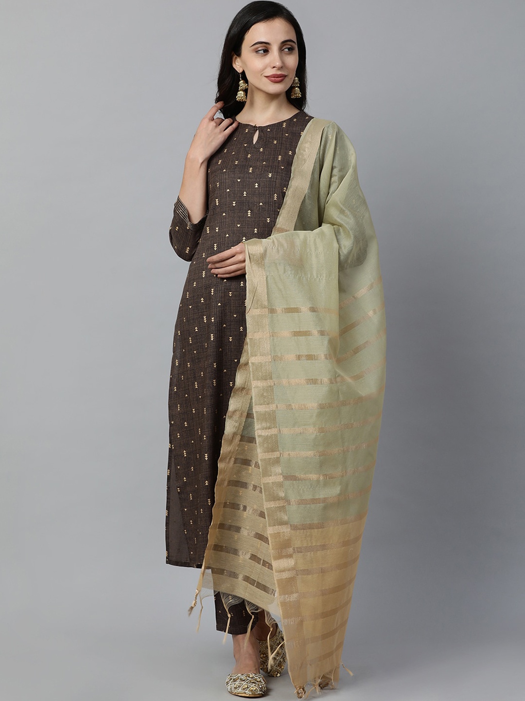 

Indo Era Women Brown Printed Kurta with Trousers & Dupatta