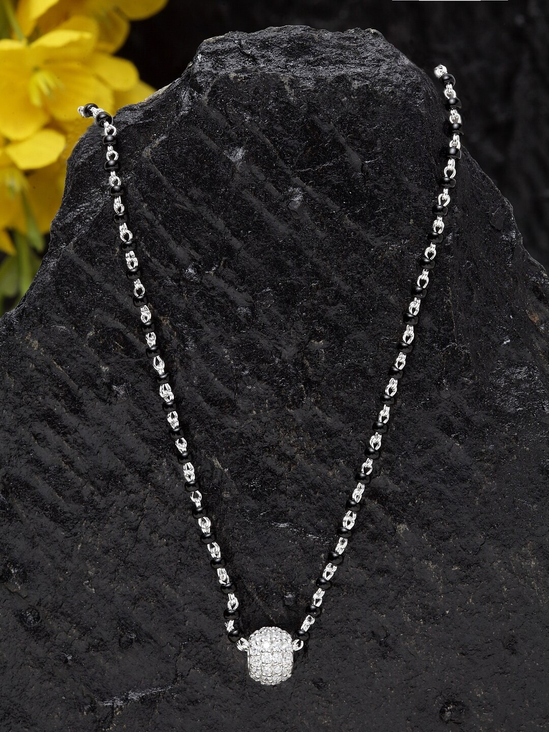 

Clara Rhodium-Plated Silver-Toned & Black Zirconia-Studded Mangalsutra