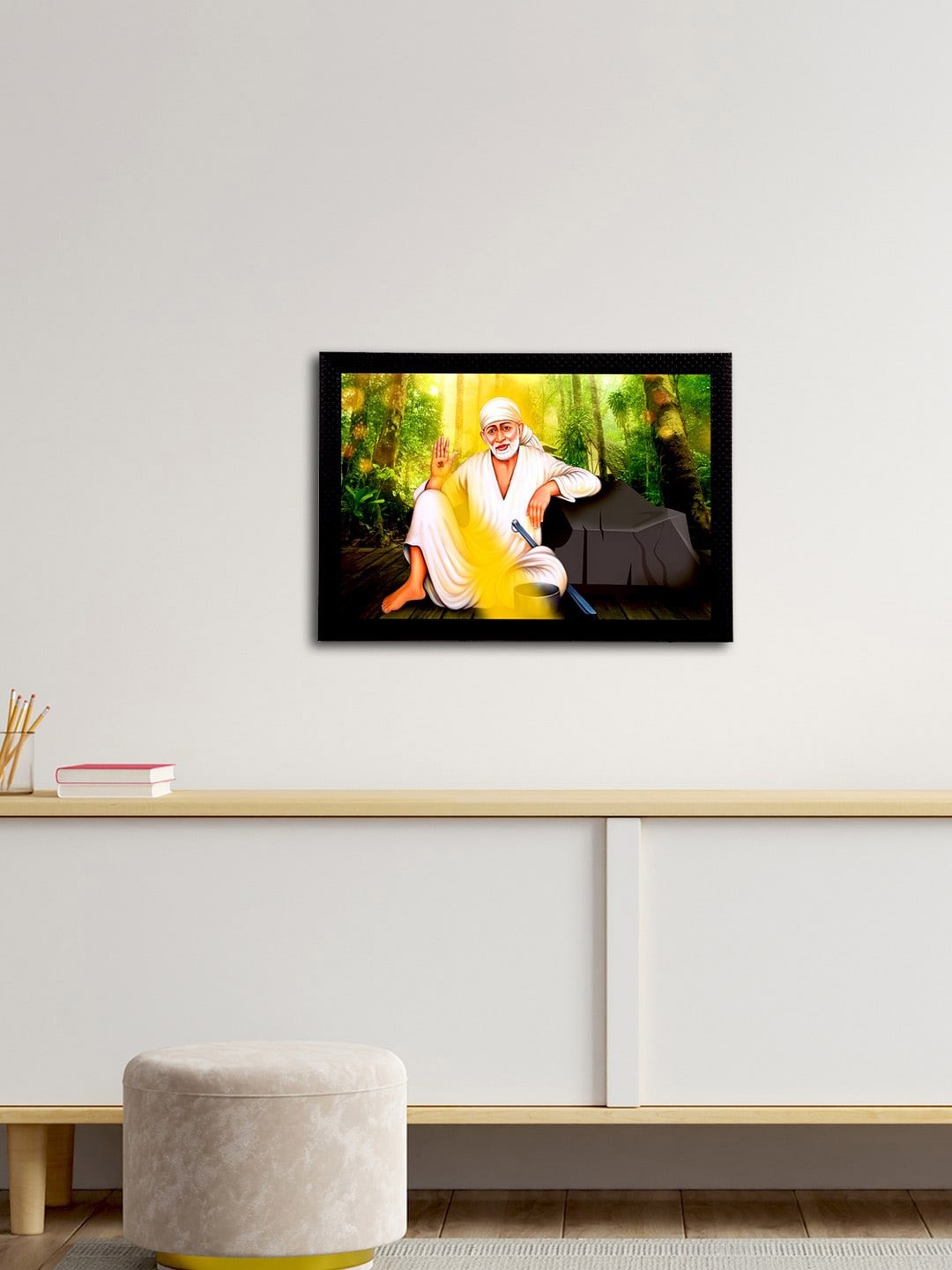 

eCraftIndia Green & Yellow Sai Baba Satin Matt Texture Framed UV Wall Art Painting