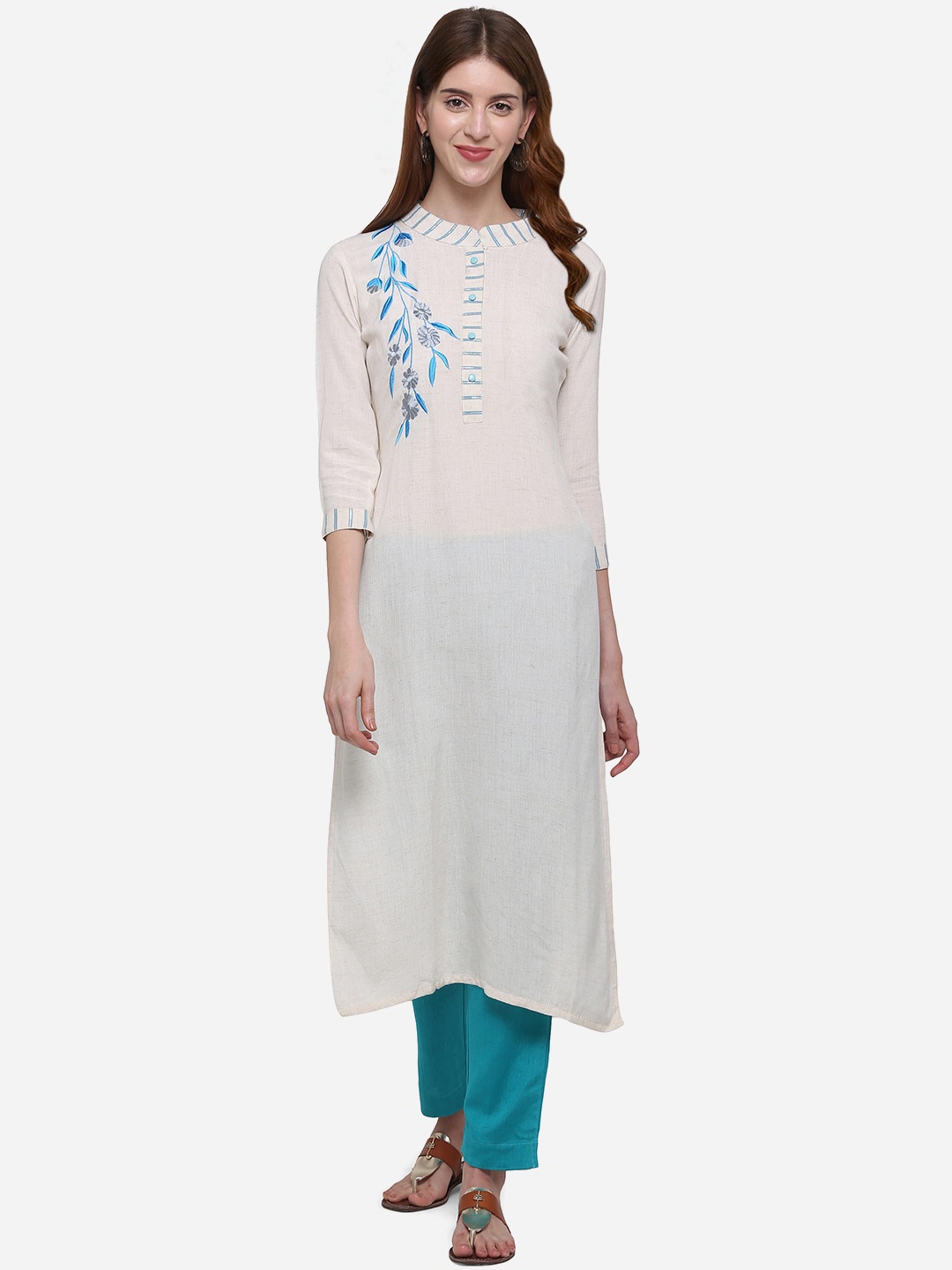 

Kvsfab Women Off-White & Blue Embroidered Kurta with Trousers