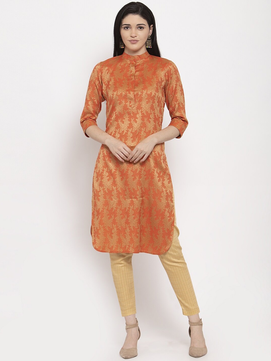 

DUGRI BE THE ONE Women Orange Woven Design Straight Kurta
