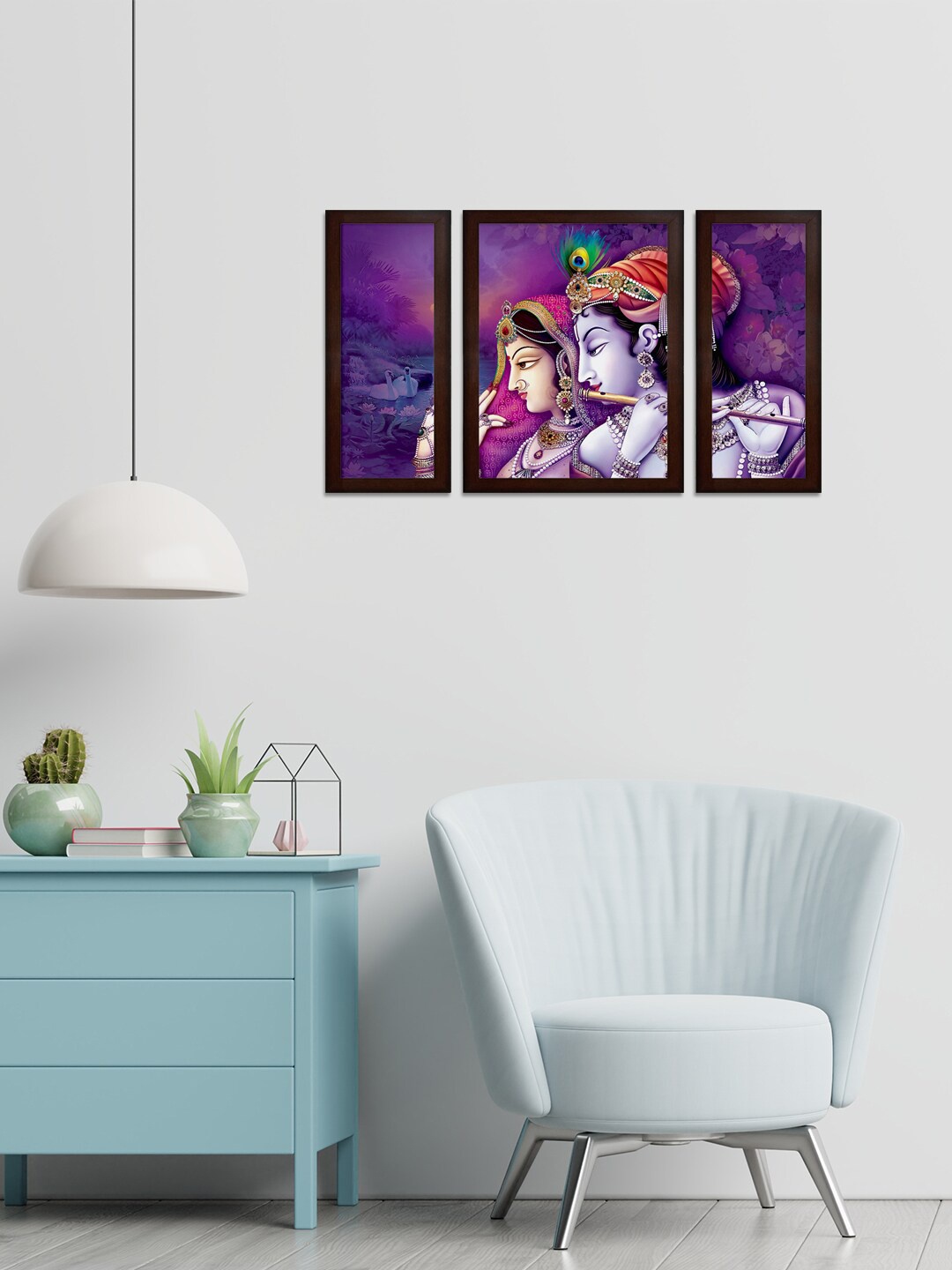 WENS Purple & Red Set of 3 Radhe Krishna With Gopia MDF Wall Paintings