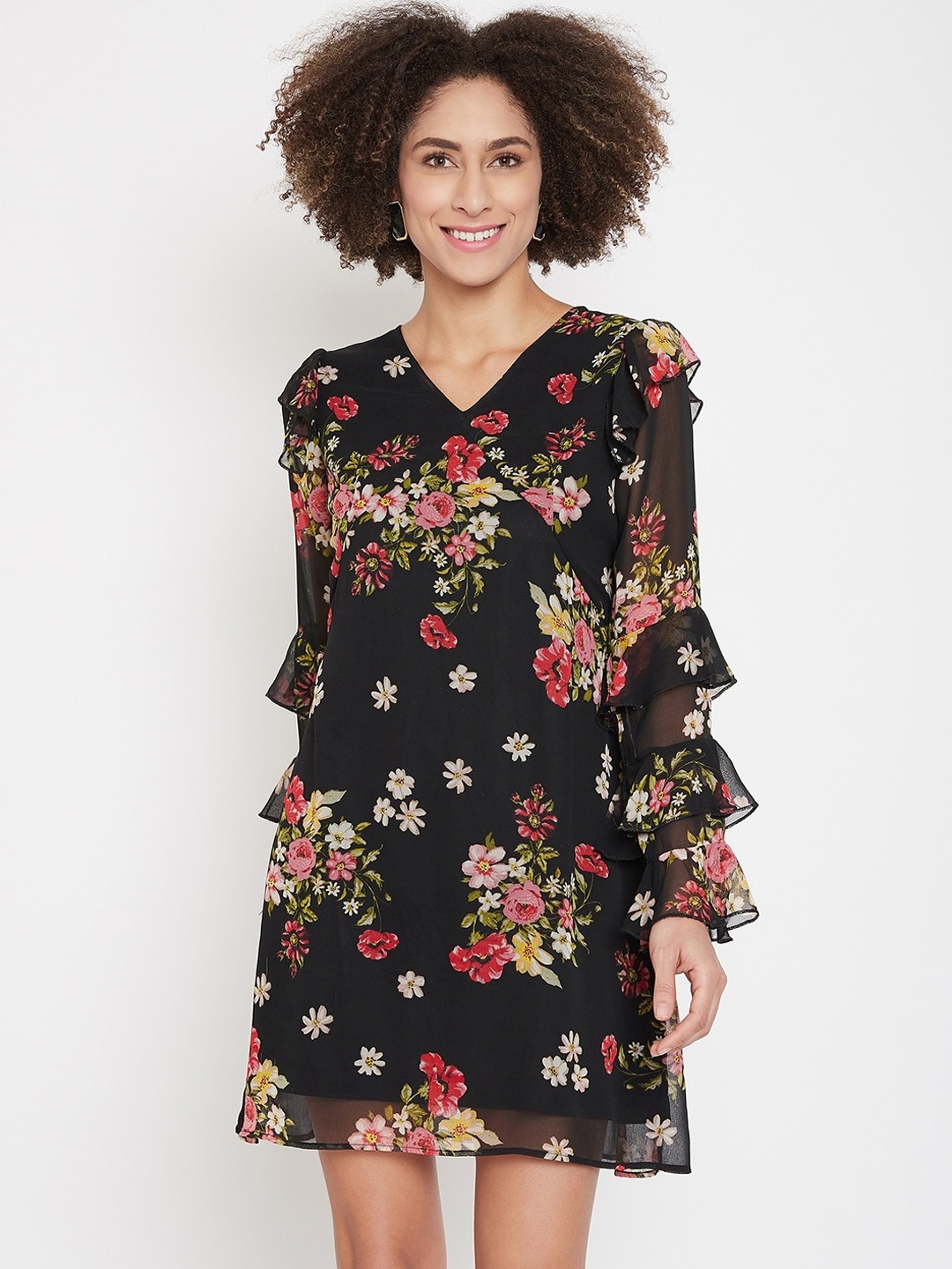 La Zoire Women Black Floral Printed A-Line Dress