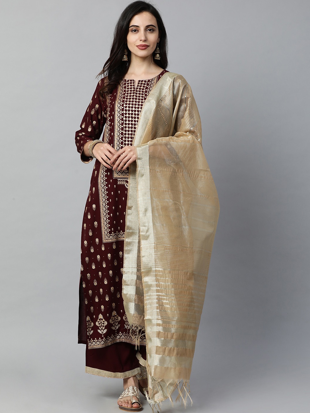 

Indo Era Women Maroon & Gold-Toned Woven Design Kurta with Trousers & Dupatta