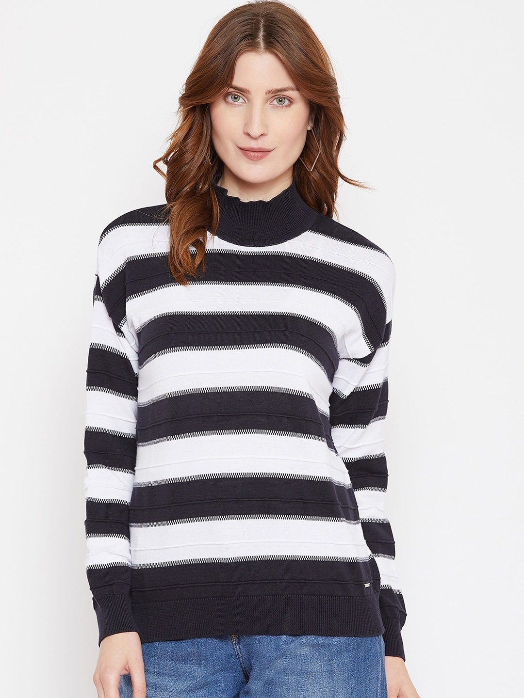 

Octave Women Navy Blue & White Striped Pullover Sweater