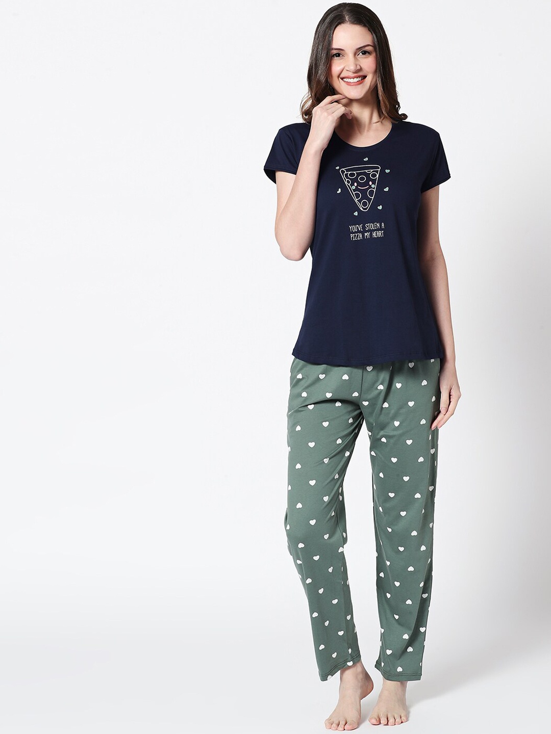 

Zeyo Women Navy Blue & Olive Green Printed Night suit