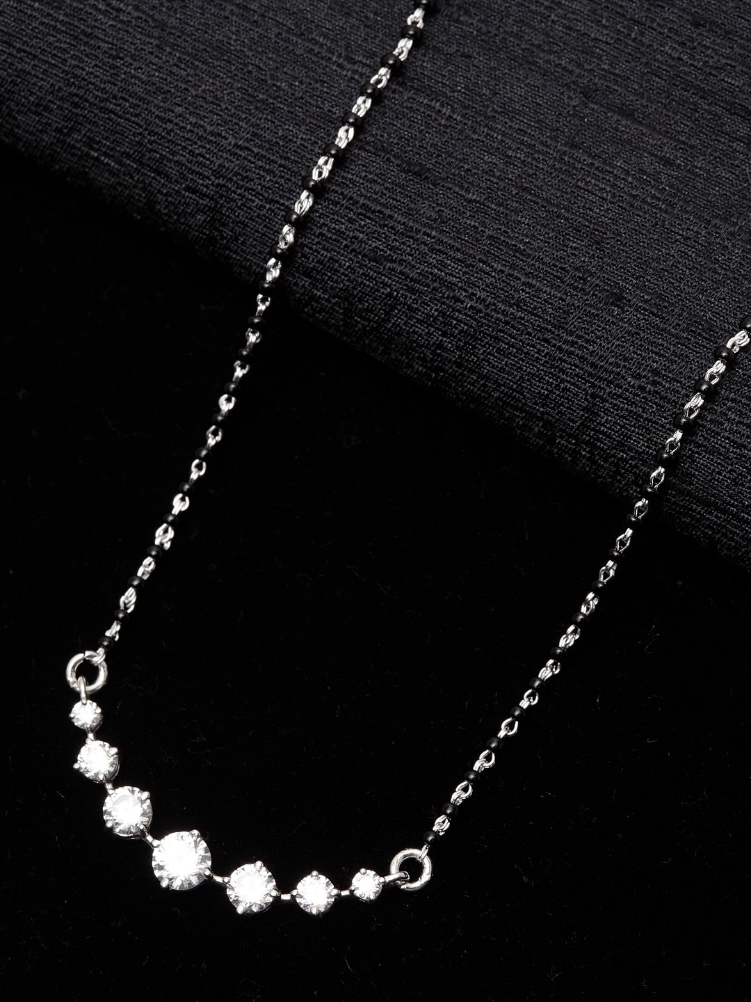 

Clara BIS Hallmarked 92.5 % Pure Sterling Silver Rhodium-Plated & Black Beaded Zirconia Stone-Studded Mangalsutra