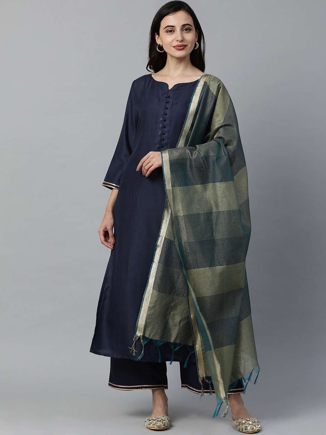 

Indo Era Women Navy Blue Solid Kurta with Palazzos & Dupatta