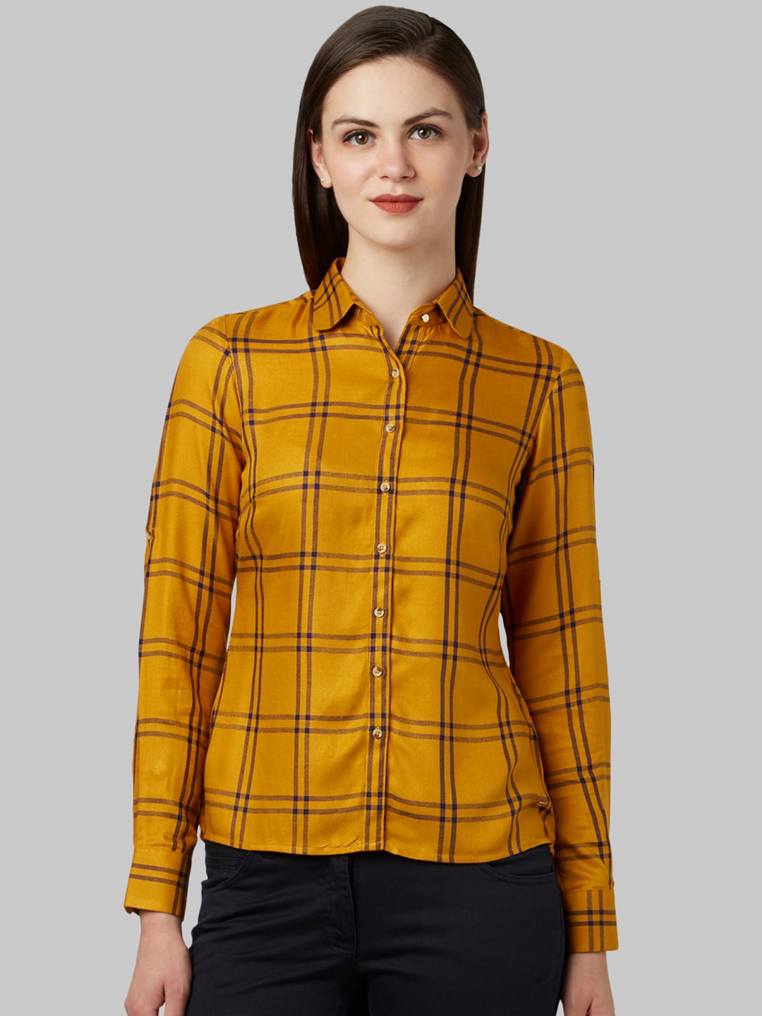 

Park Avenue Woman Mustard Yellow Regular Fit Checked Casual Shirt