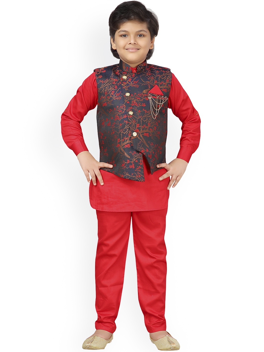 

Aj DEZInES Boys Red & Navy Blue Solid Kurta with Pyjamas