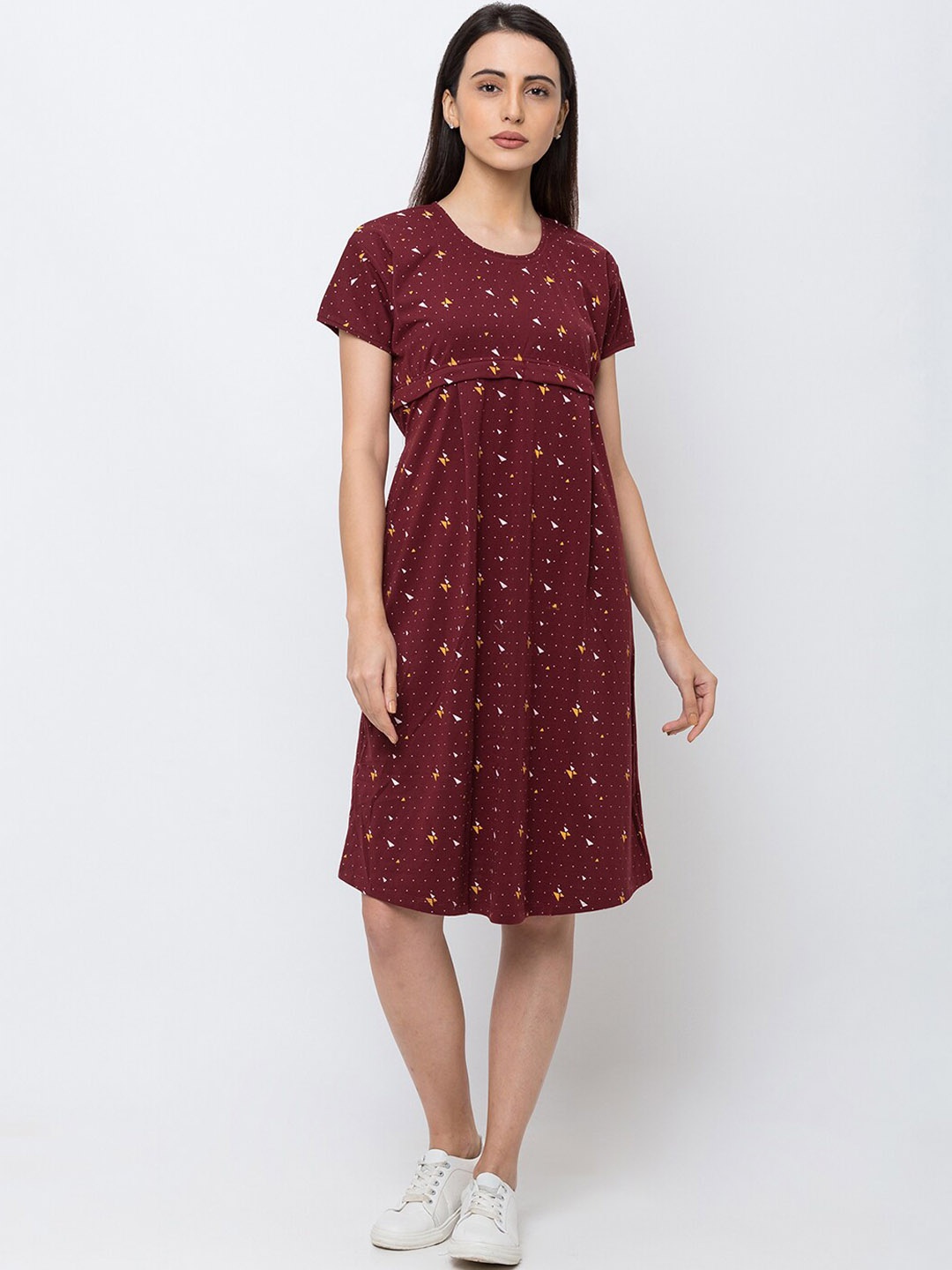 

MomToBe Women Maroon Printed Fit & Flare Maternity Nursing Sustainable Dress