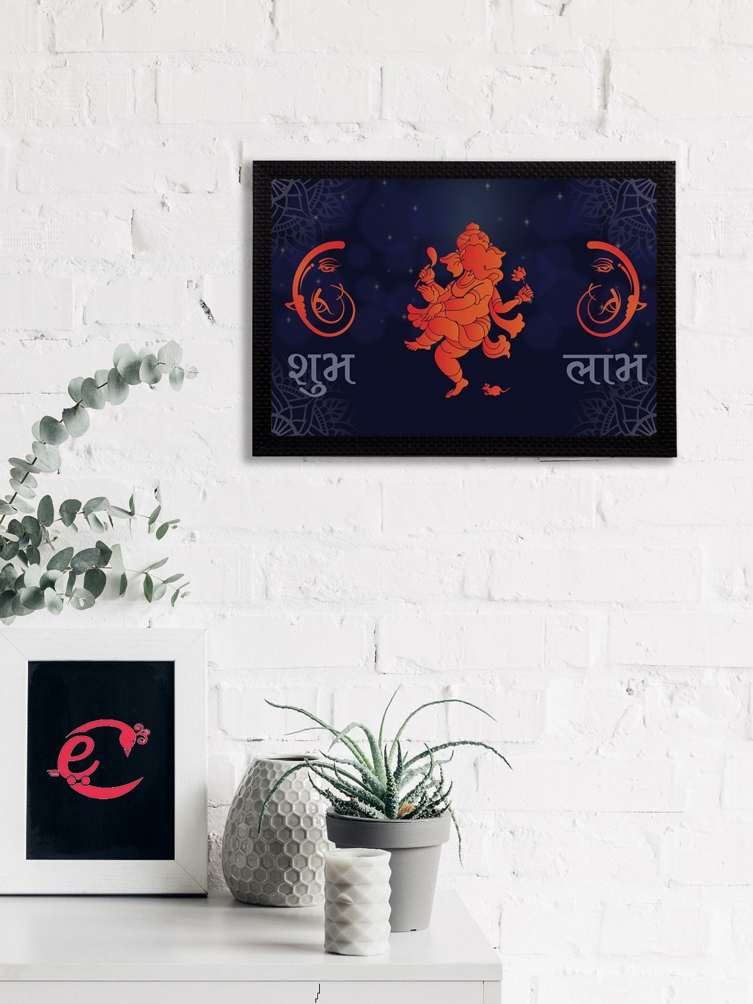 

eCraftIndia Blue & Orange Satin Matt Texture Lord Ganesha & 'Shubh Labh' Typography UV Wall Art