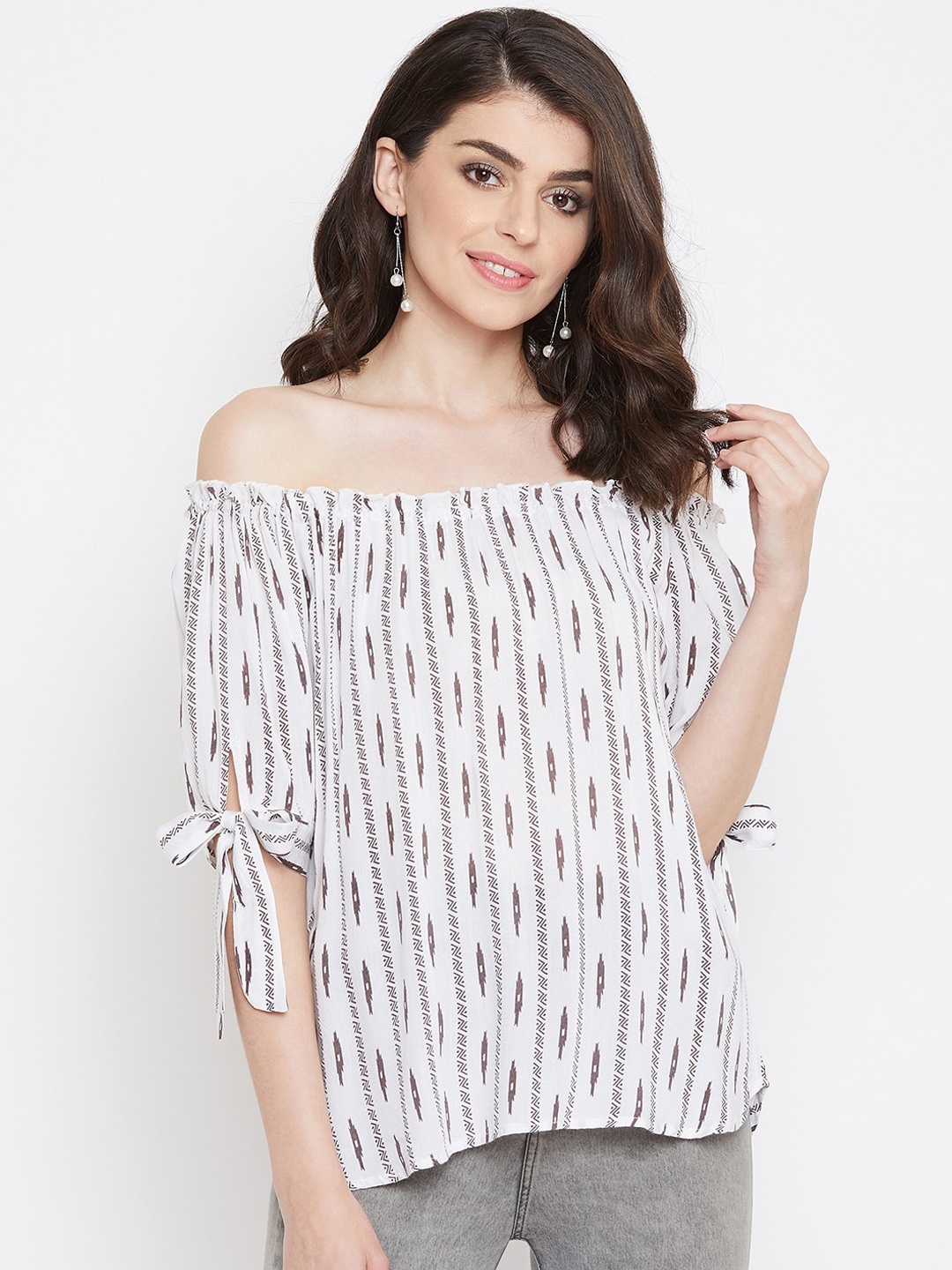 

La Zoire Women Off-White Printed Bardot Top