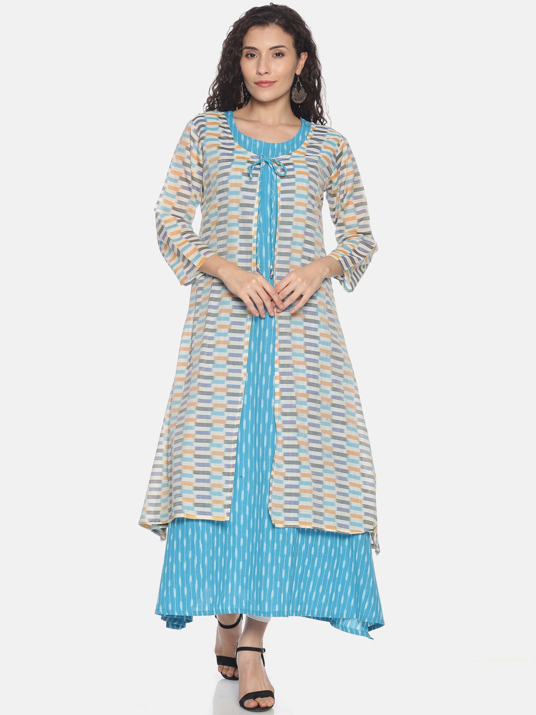 

Resha Women Blue & White Striped A-Line Layered Kurta