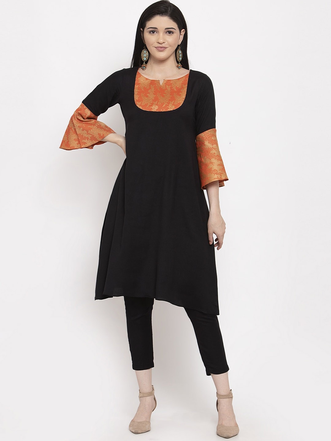 

DUGRI BE THE ONE Women Black & Orange Yoke Design Kurta with Trousers