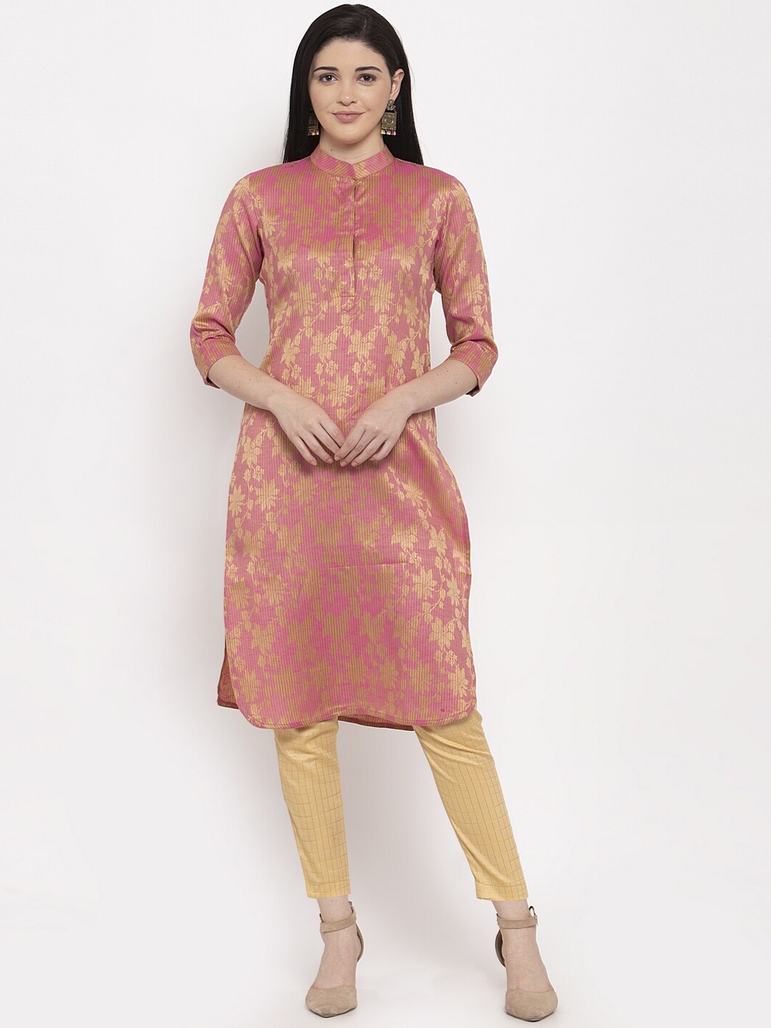 

DUGRI BE THE ONE Women Pink & Gold Printed Kurta with Trousers