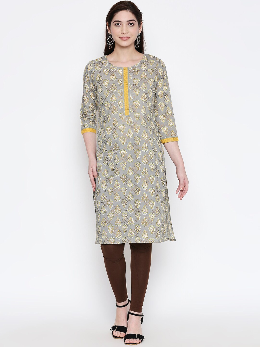 

RANGMANCH BY PANTALOONS Women Grey & Yellow Printed Straight Kurta