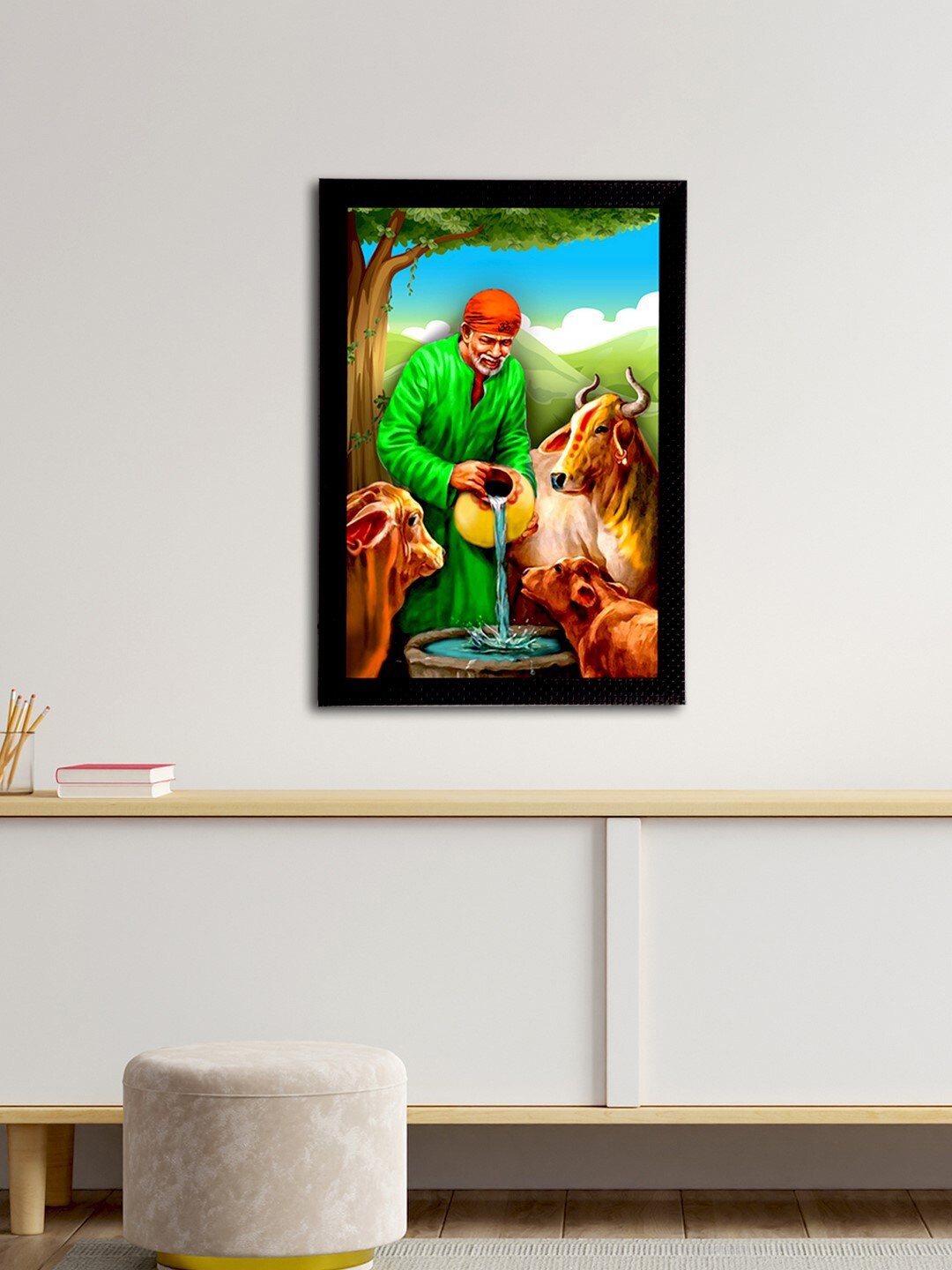 

eCraftIndia Green & Brown Sai Baba Satin Matt Textured UV Wall Art