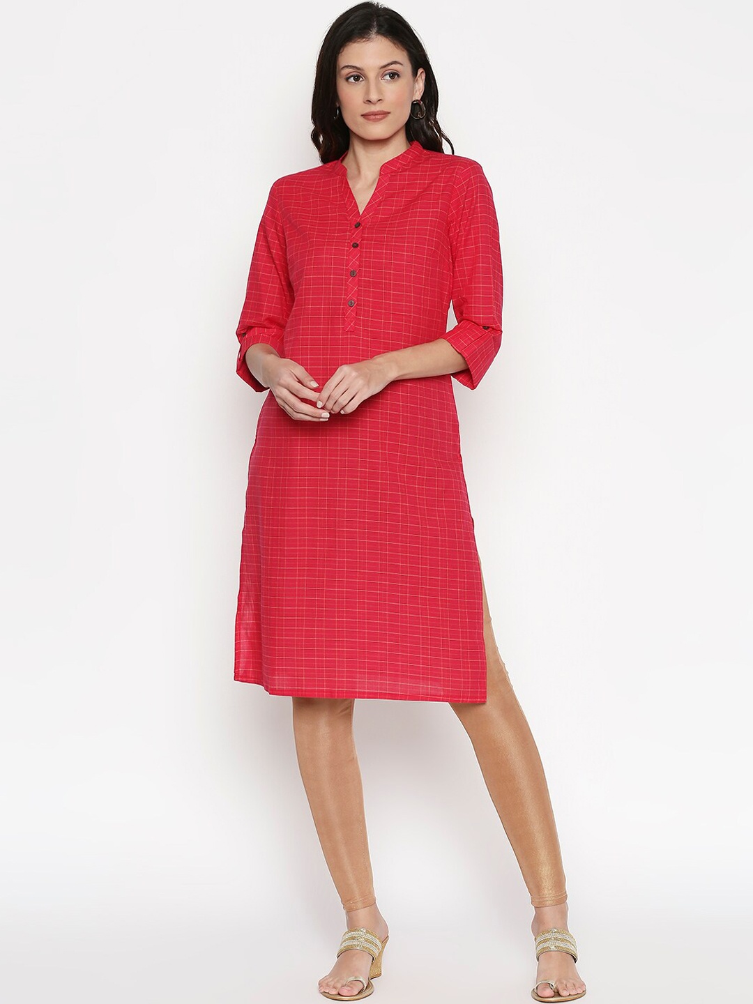 

RANGMANCH BY PANTALOONS Women Fuchsia Checked Straight Kurta