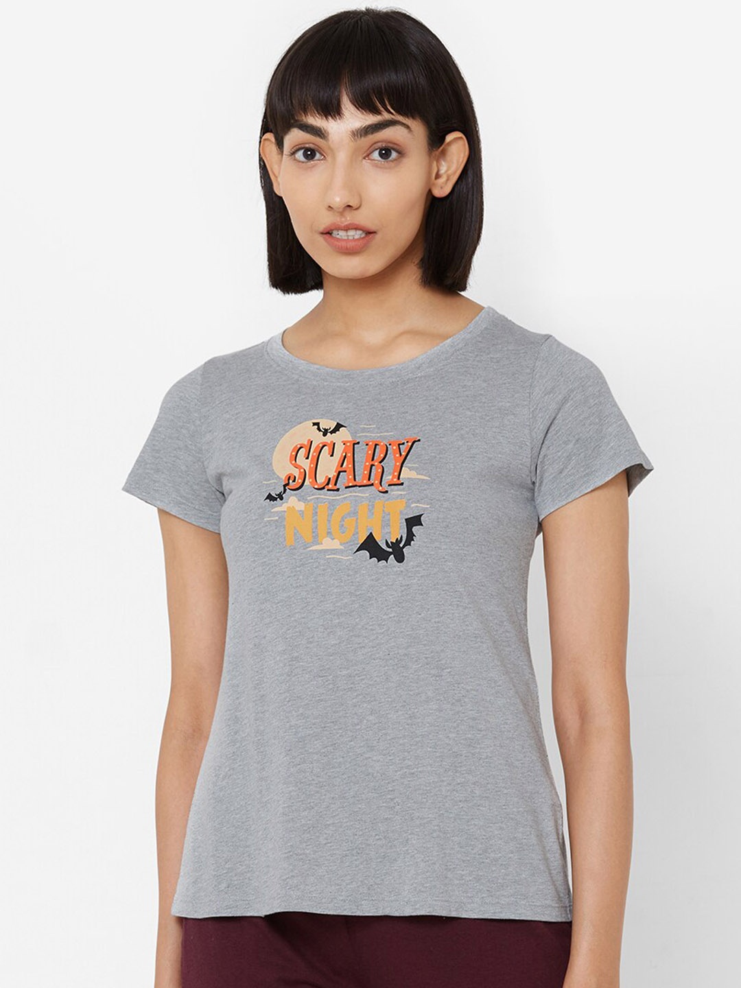 

Soie Women Grey & Yellow Printed Lounge T-shirt, Grey melange
