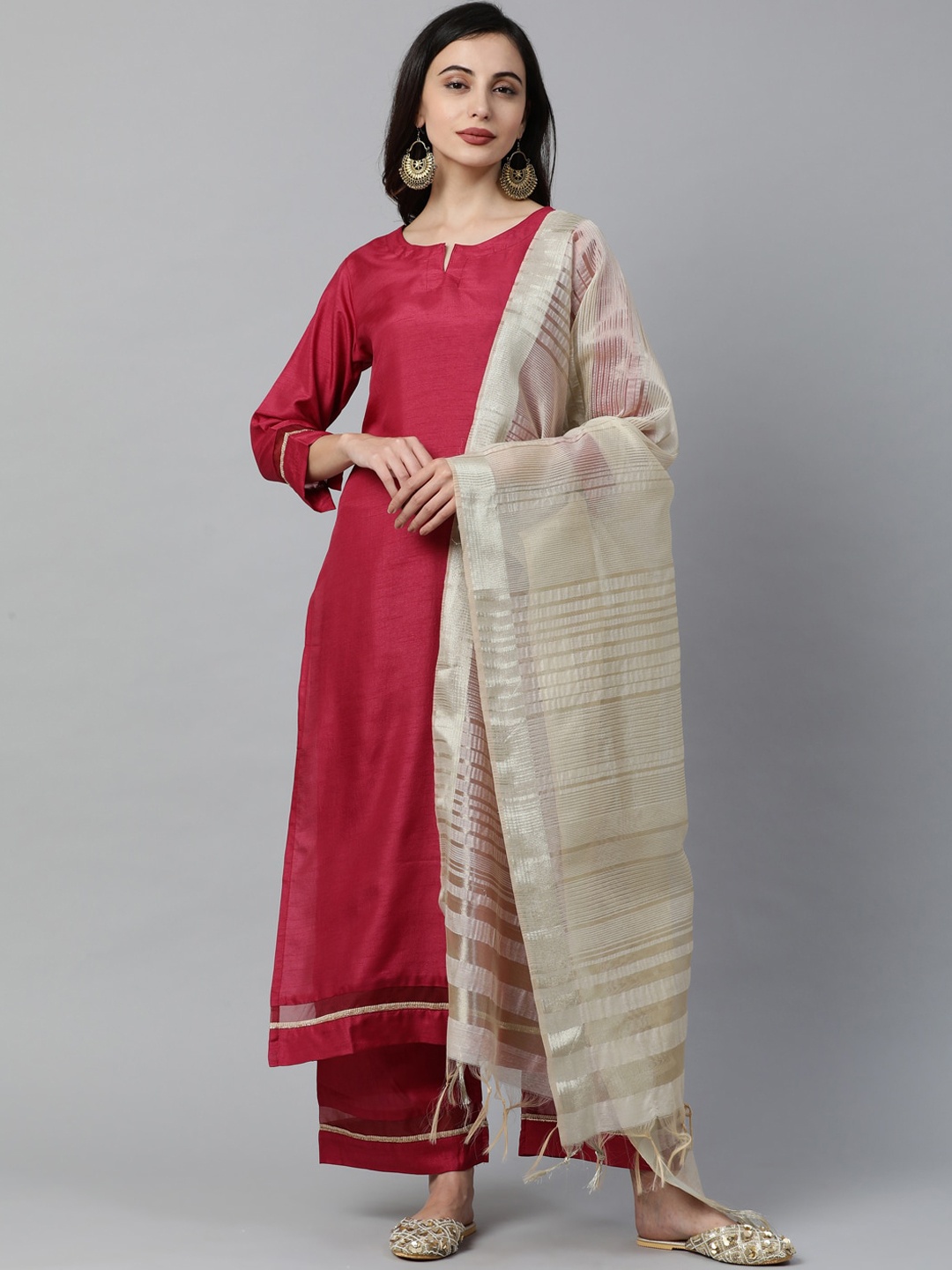 

Indo Era Women Maroon Solid Kurta with Sharara & Dupatta