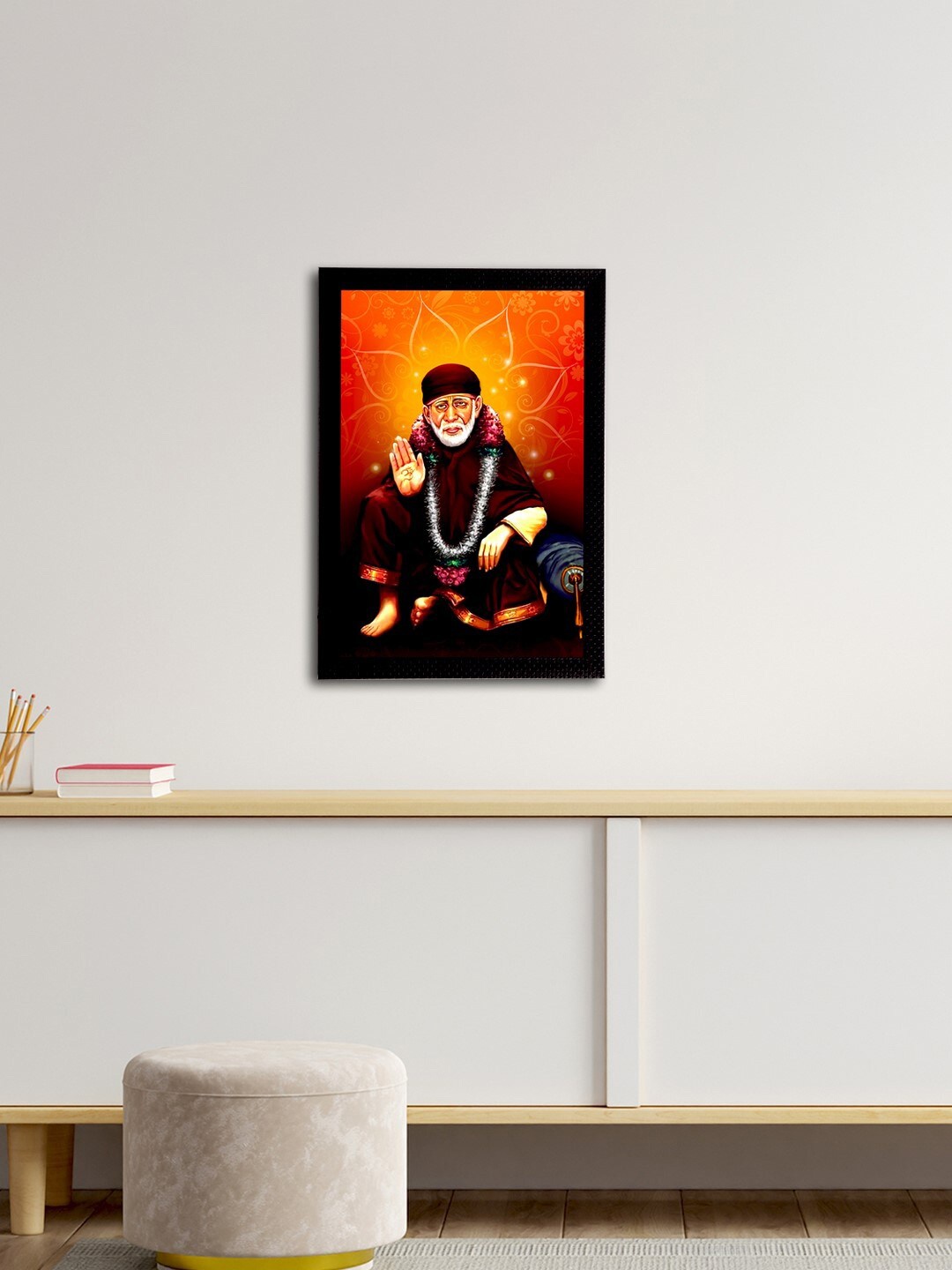 

eCraftIndia Orange & Maron Red Sai Baba Satin Matt Texture UV Wall Painting, Multi
