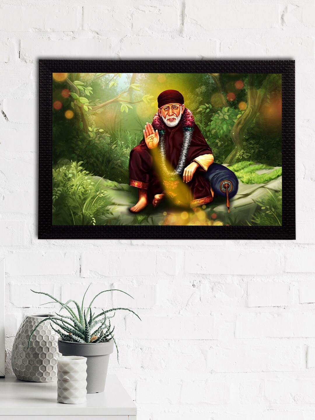 eCraftIndia Green & Maroon Sai Baba Satin Matt Texture UV Art Wall Painting
