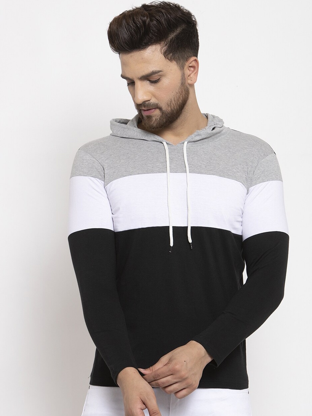 

KATSO Men Grey & Black Colourblocked Hooded T-shirt