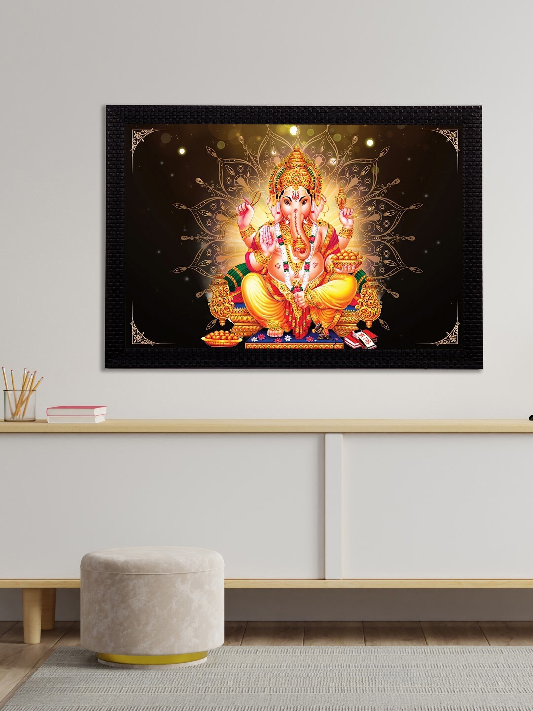 

eCraftIndia Black & Orange Lord Ganesha Satin Matt Texture Framed UV Wall Art Painting