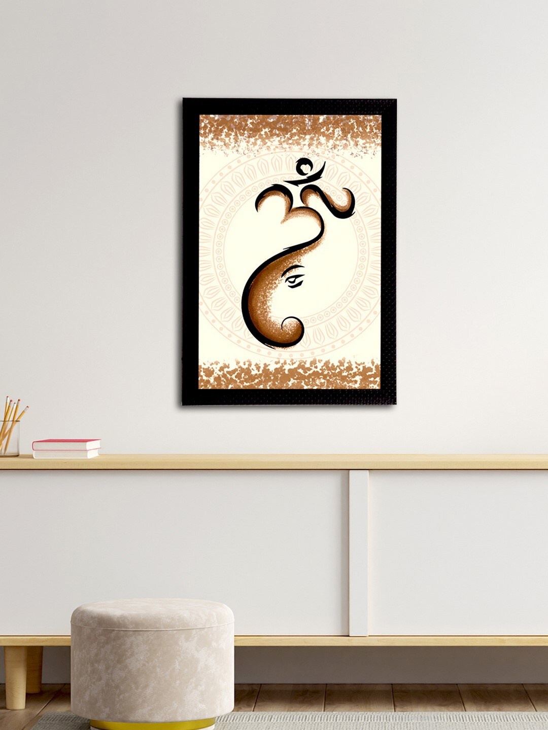 eCraftIndia Brown Lord Ganesha Satin Matt Texture UV Art Wall Painting, Beige