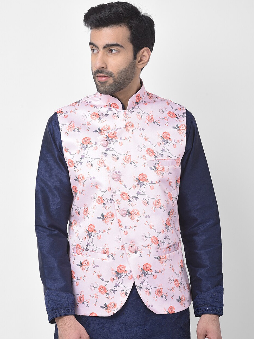 

SG LEMAN Men Pink & Peach-Colour Floral Printed Woven Nehru Jacket