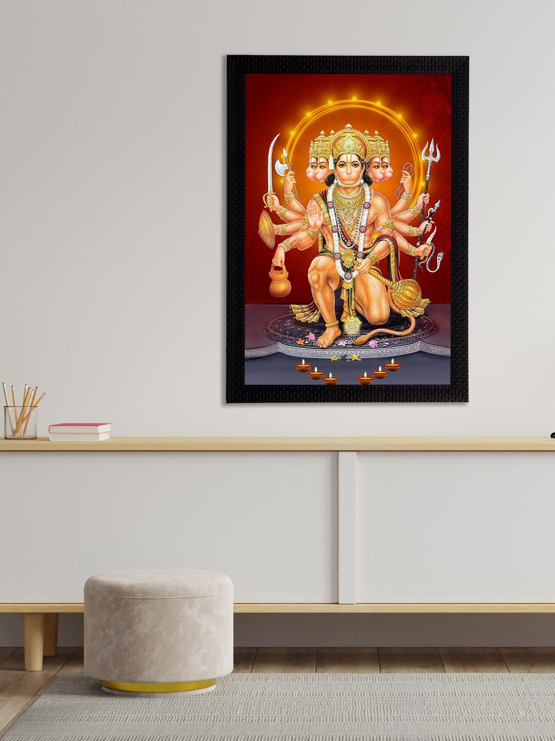 eCraftIndia Brown & Beige Panch Mukhi Lord Hanuman Satin Matt Texture UV Art Painting
