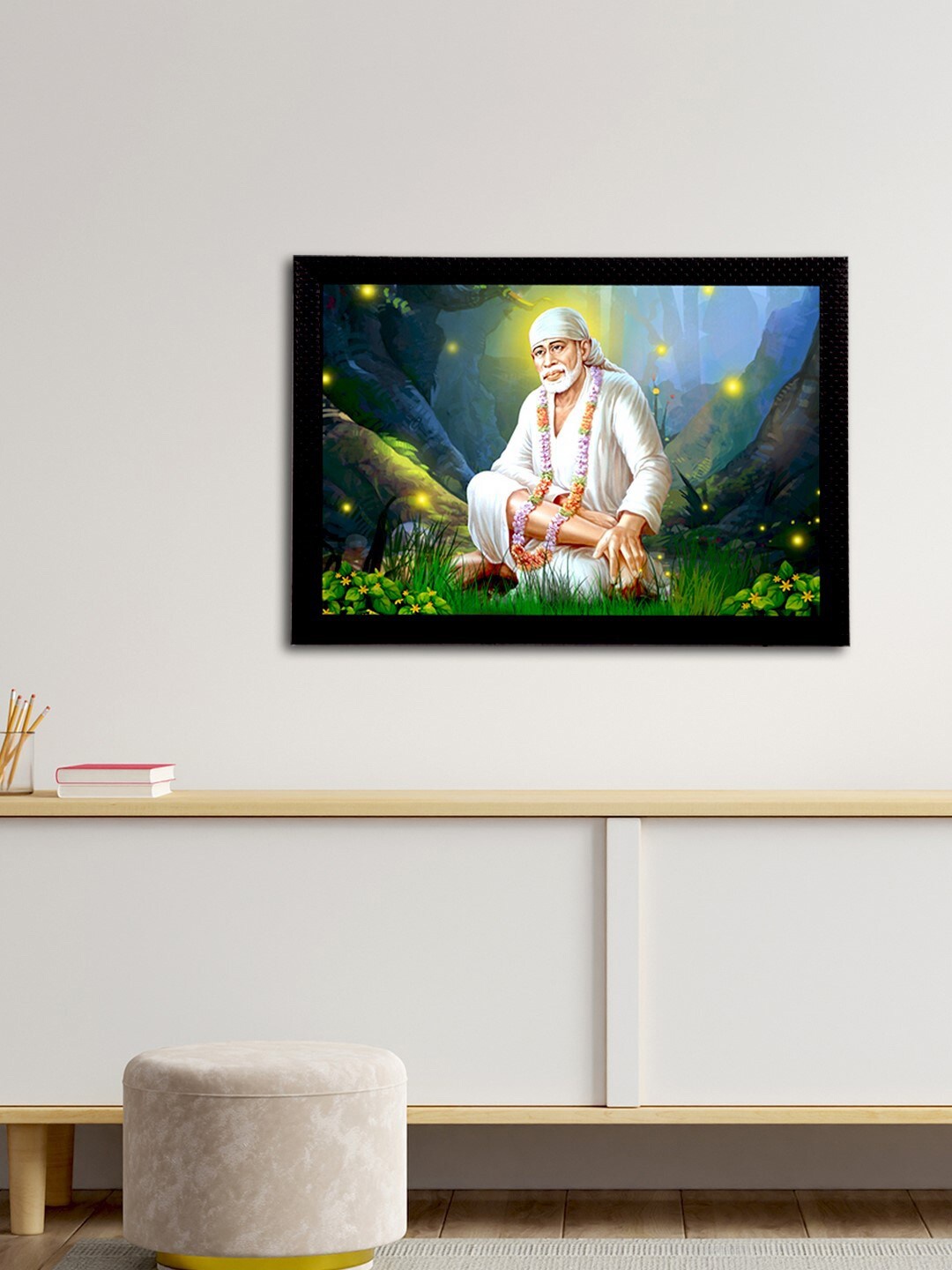 eCraftIndia Green & Blue Sai Baba Satin Matt Texture Framed UV Wall Art Painting
