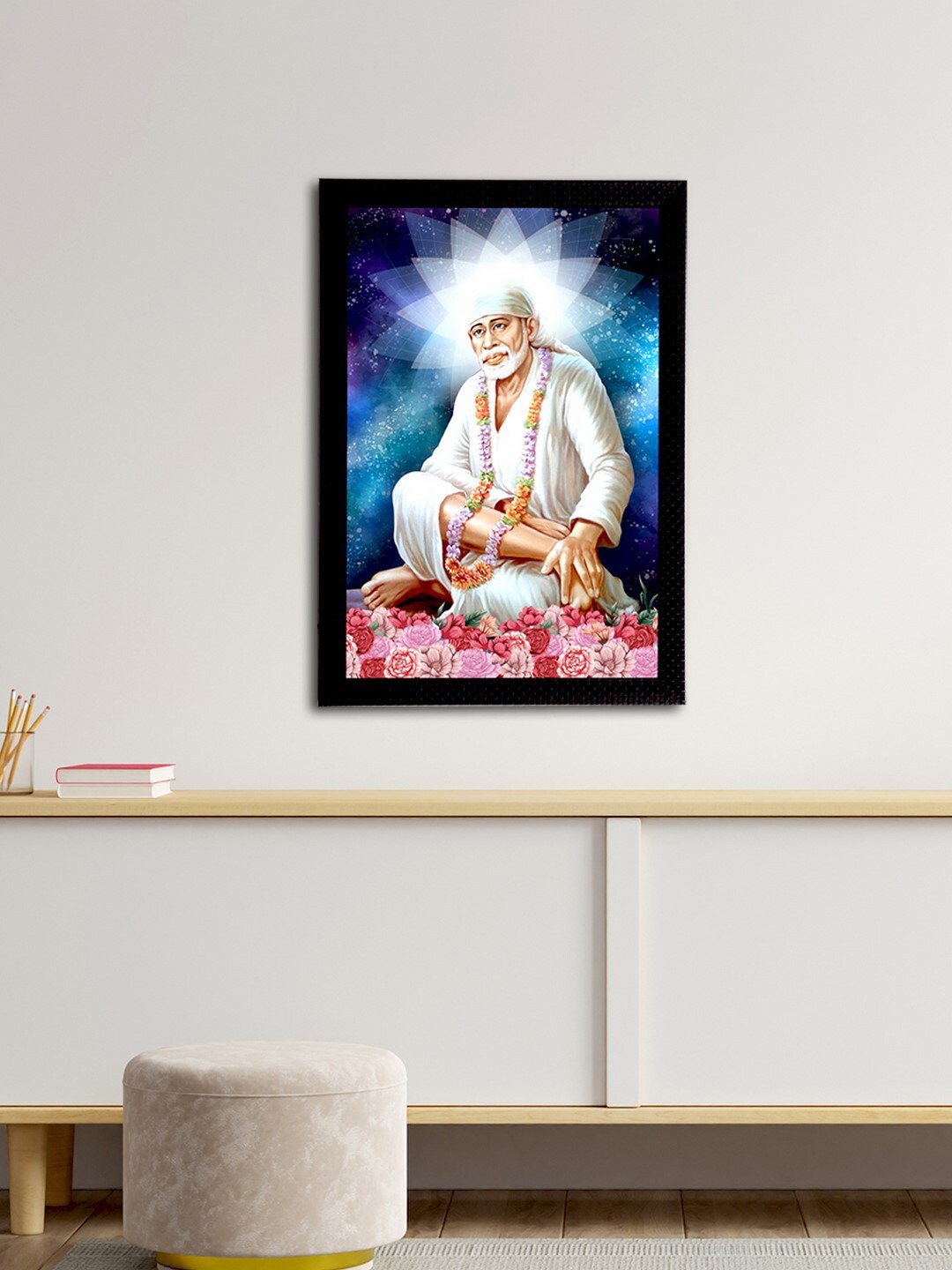 

eCraftIndia White & Blue Sai Baba Satin Matt Texture UV Wall Painting, Multi