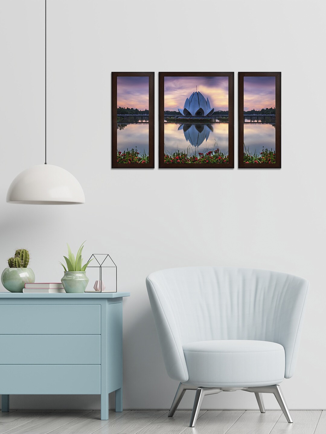 

WENS Set of 3 Off-White & Green Lotus Temple MDF Wall Arts