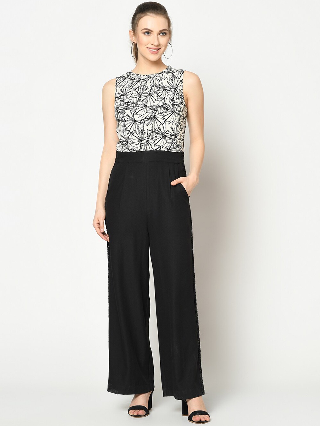 

SQew Women Black & White Printed Basic Jumpsuit