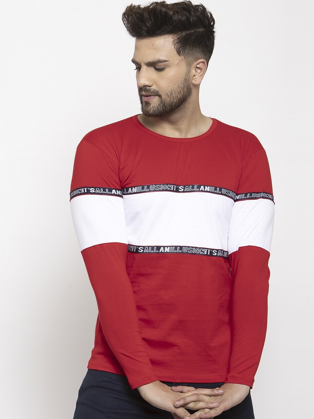 

KATSO Men Red Colourblocked Round Neck T-shirt