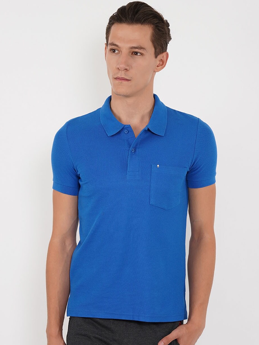 

Sweet Dreams Men Blue Solid Polo Collar Pure Cotton T-shirt
