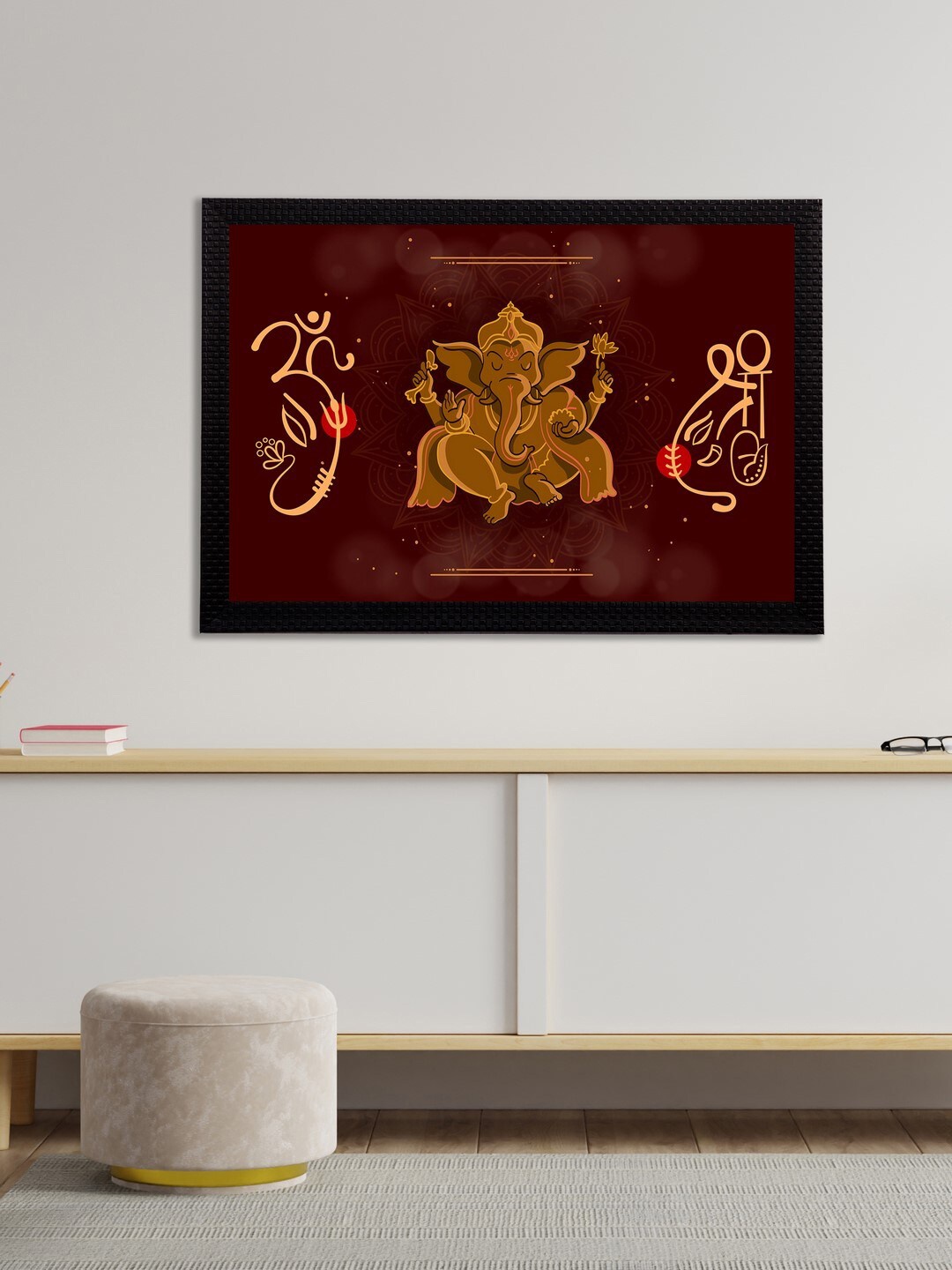 eCraftIndia Burgundy & Brown Lord Ganesha Satin Matt Texture Framed UV Wall Art Painting
